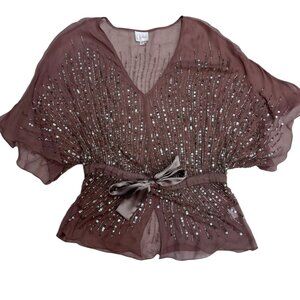 Parker Silk Beaded Blouse XS Mauve Brown Sheer Short Sleeve EUC